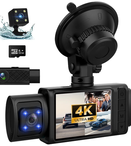 Dash Cam, 3 Channel Dash Cam, 4K+1080P Dash Cam Front and Inside, Triple Dash Cam for Car, Dash Camera with 32GB Card, 2160P Full UHD, G-Sensor, 170°Deg Wide Angle Dashboard with Infrared Night Vision