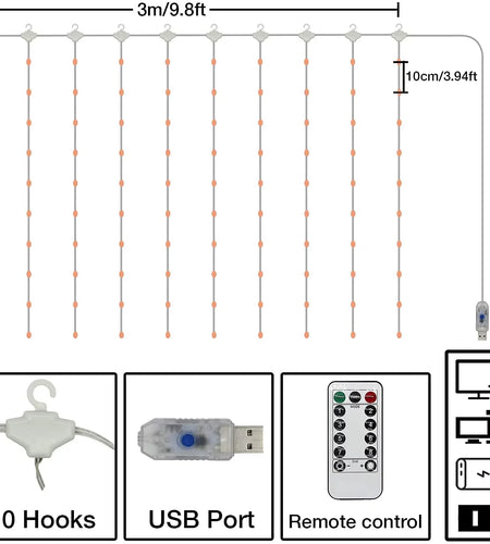 2Pack Led Window Curtain Lights,9.8X9.8Ft 300LED Twinkle Lights with Remote Control,Usb Powered 8 Modes Fairy String Lights for Bedroom,Indoor,Outdoor,Wedding,Party,Wall Decor