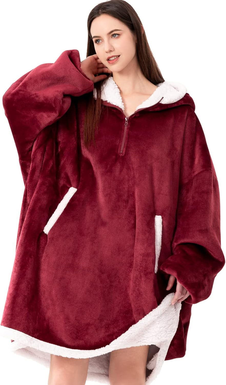 Wearable Blanket Oversized Microfiber Sherpa Wearable Blanket Hoodie, Sweatshirt with Hood Pocket and Sleeves, Super Soft Warm Plush Hooded Blanket for Adult Women Men One Size Fits All Wine