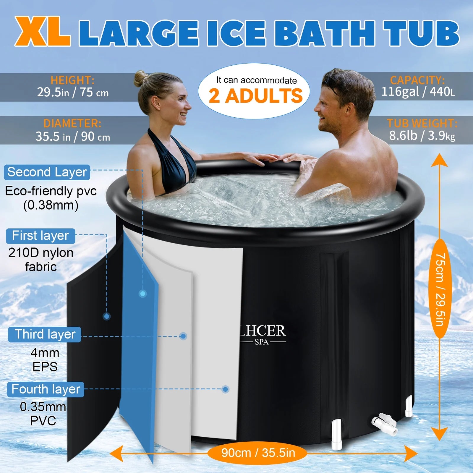 Portable Ice Bath Tub 116 Gal XL Plunge Bathtub with Cover Outdoor Ice Pod Tub for Cold Water Therapy Recovery, 75"X 90" Inflatable Ice Bath Barrel Plunge Pool