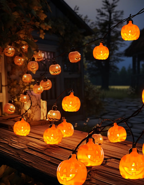 Load image into Gallery viewer, Halloween Pumpkin String Lights with Pumpkin Candy Bucket, 30 LED 16.4Ft, 8 Modes Timer Waterproof Orange Jack-O-Lantern, Outdoor and Indoor Halloween Decorations
