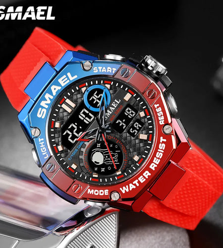 Red Digital Quartz Watch Men Dual Time Display Electronic Chronograph Sport Wristwatch with Auto Date LED Week Alarm 8068