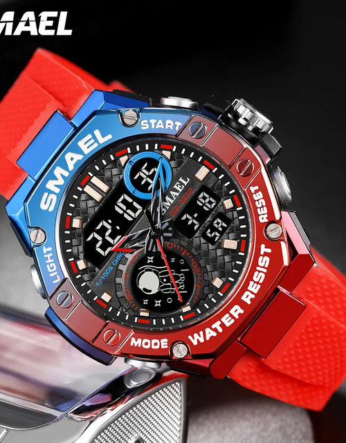 Load image into Gallery viewer, Red Digital Quartz Watch Men Dual Time Display Electronic Chronograph Sport Wristwatch with Auto Date LED Week Alarm 8068
