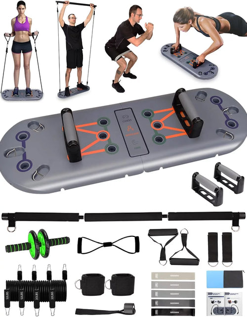 Load image into Gallery viewer, Home Workout Equipment to Help Achieve Fitness Goals, 27-In-1 Portable Gym Exercise Equipment with Compact Push-Up Board, Resistance Bands, Ab Roller Wheel, and Pilates Bar
