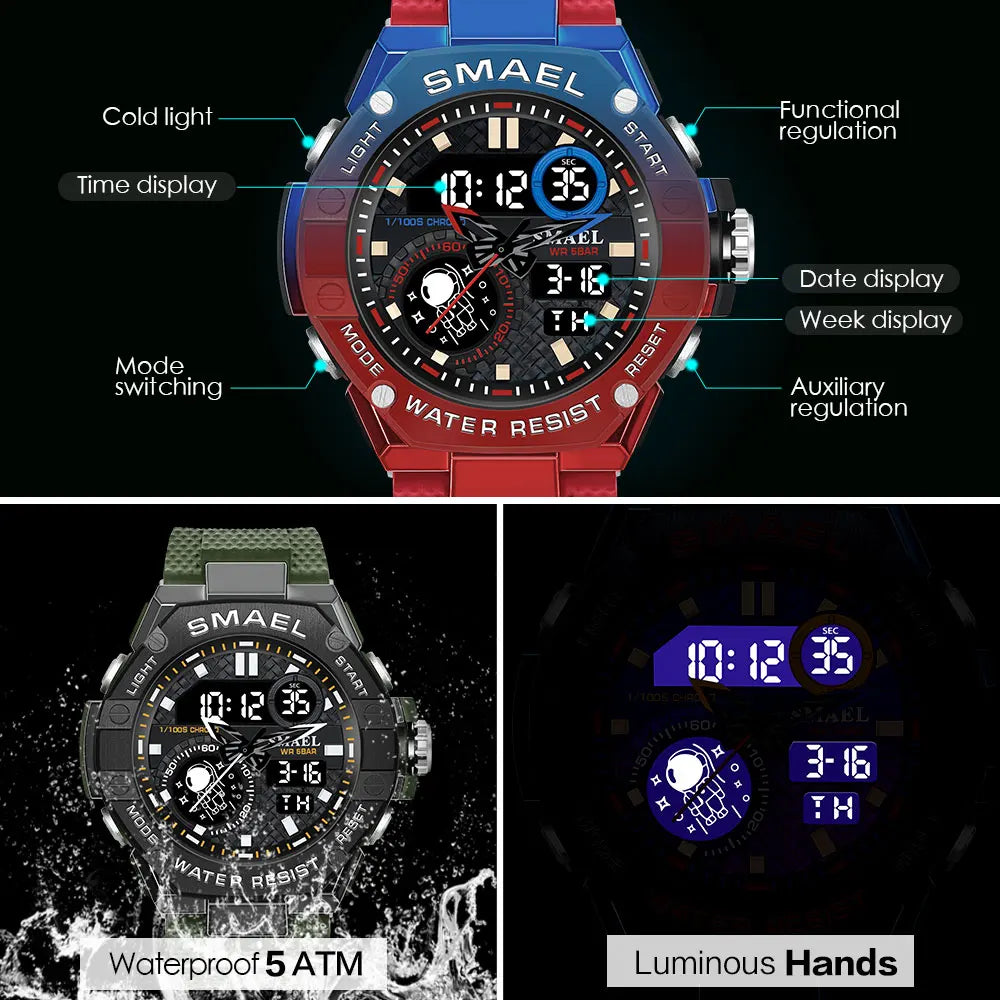 Red Digital Quartz Watch Men Dual Time Display Electronic Chronograph Sport Wristwatch with Auto Date LED Week Alarm 8068