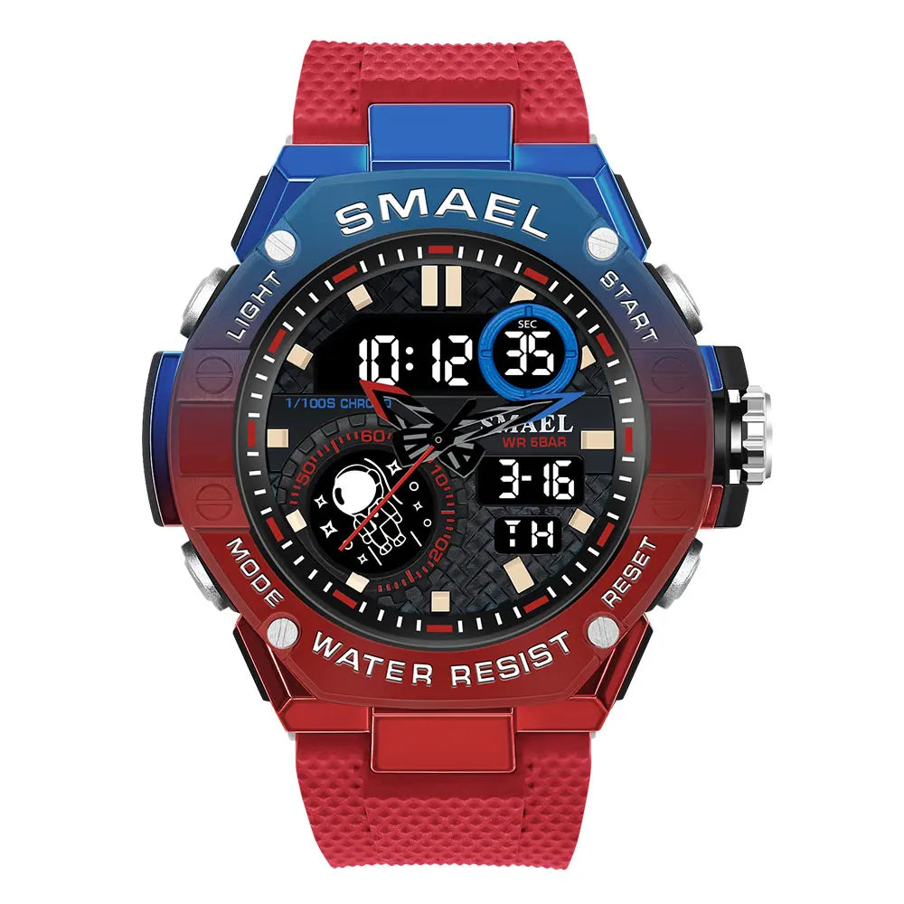 Red Digital Quartz Watch Men Dual Time Display Electronic Chronograph Sport Wristwatch with Auto Date LED Week Alarm 8068