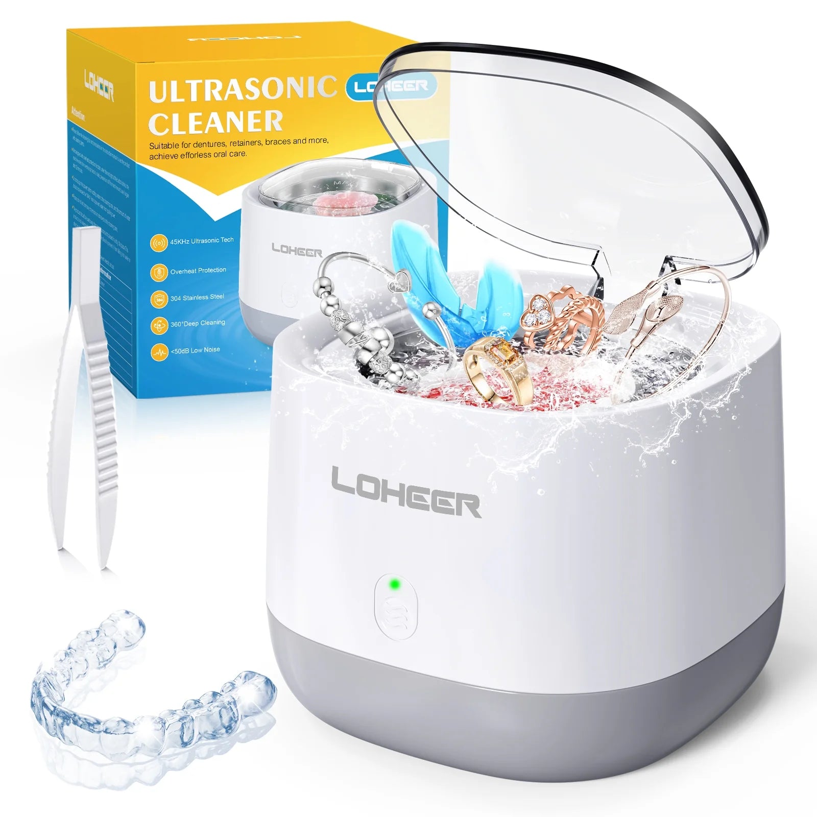 Ultrasonic Jewelry Cleaner,  45Khz Ultrasonic Retainer Cleaner for Dental, Mouth Guard, Ring