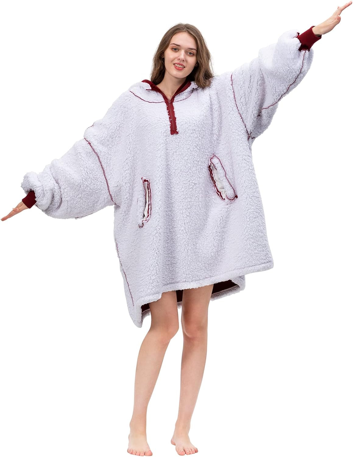 Wearable Blanket Oversized Microfiber Sherpa Wearable Blanket Hoodie, Sweatshirt with Hood Pocket and Sleeves, Super Soft Warm Plush Hooded Blanket for Adult Women Men One Size Fits All Wine