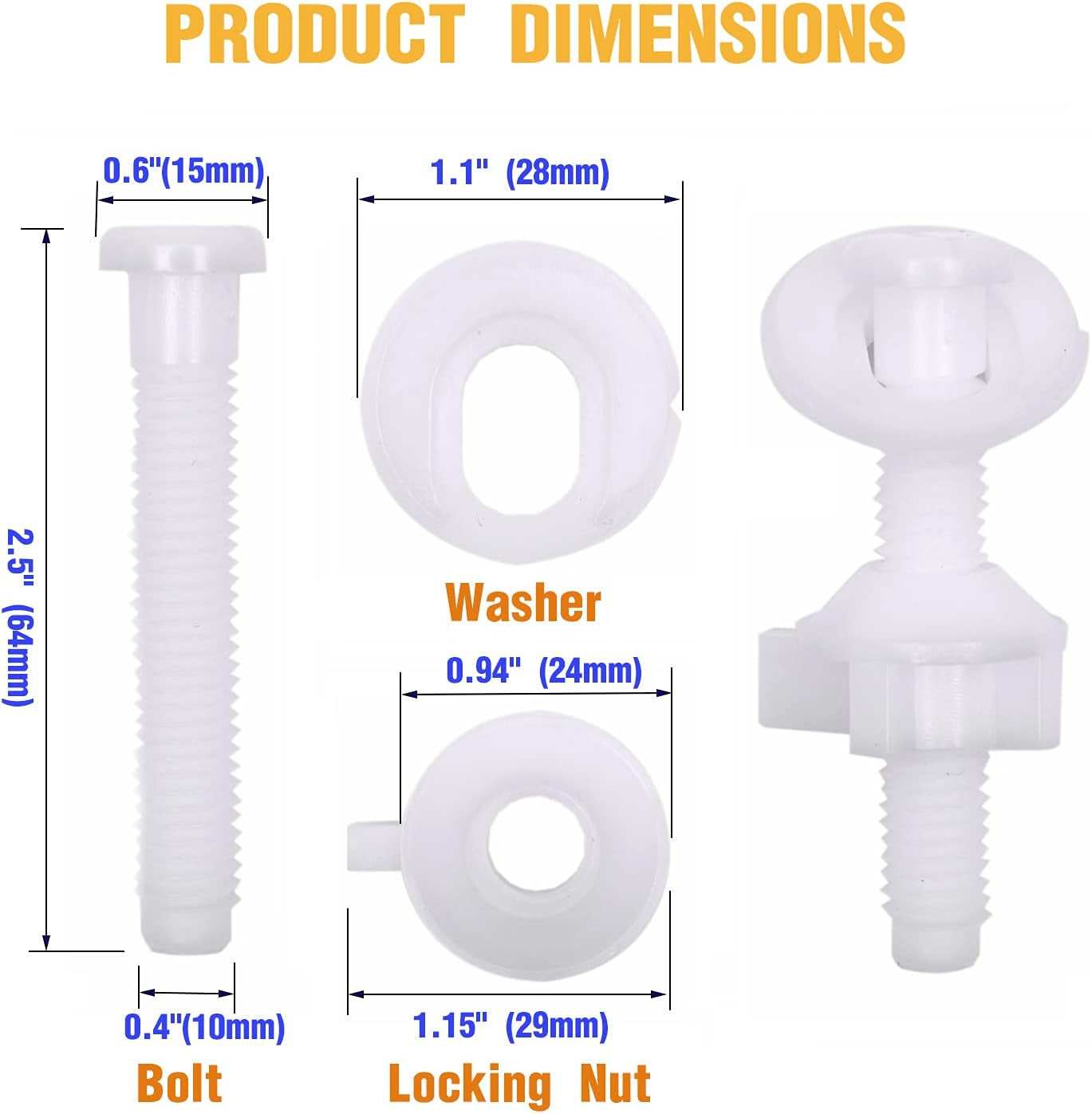 Toilet Seat Screws, Universal Toilet Seat Hinge Bolts and Screws, with Plastic Toilet Seat Hinge Bolts, Nuts and Washers, Replacement Parts for Fixing Top Mount Toilet Seat Hinges (4 Packs)