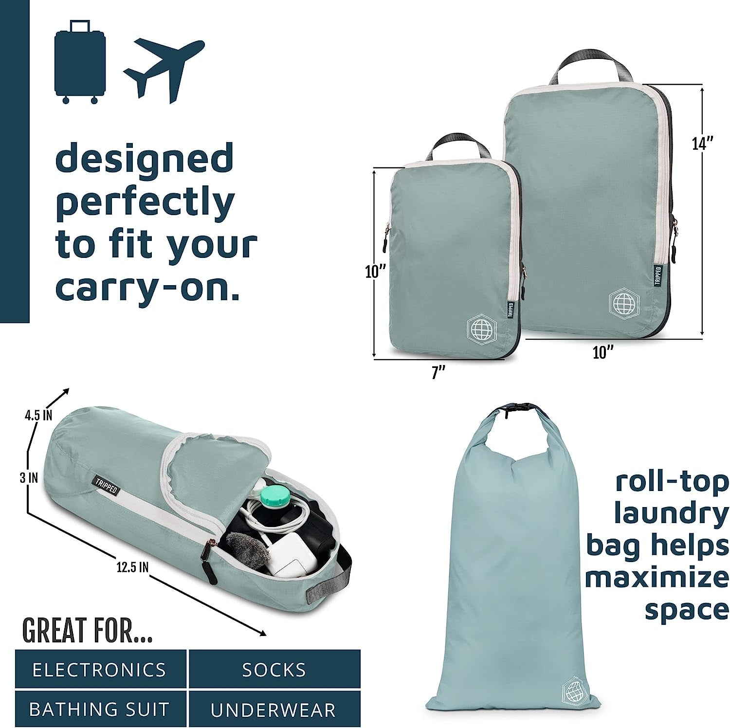 Compression Packing Cubes for Travel - Luggage and Backpack Organizer Packaging Cubes for Clothes (Dusty Teal and White, 6Piece)