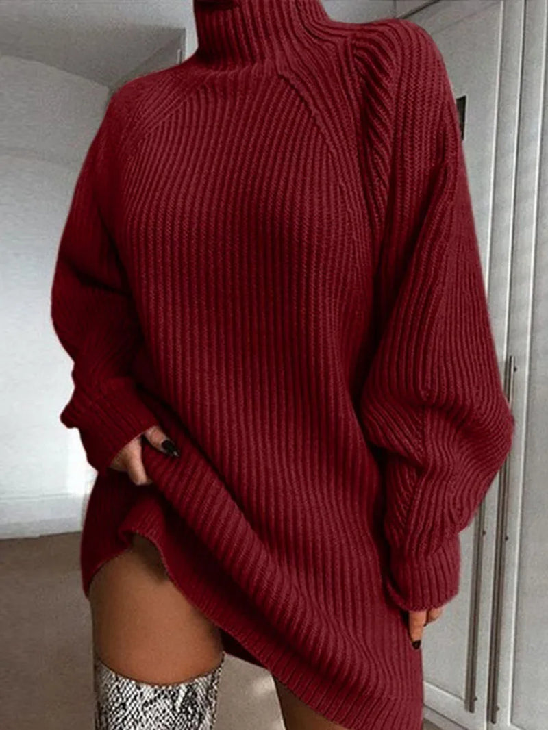 Women Turtleneck Oversized Knitted Dress Autumn Solid Long Sleeve Casual Elegant Mini Sweater Dress Winter Clothes