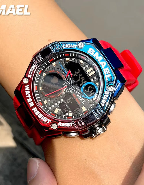 Load image into Gallery viewer, Red Digital Quartz Watch Men Dual Time Display Electronic Chronograph Sport Wristwatch with Auto Date LED Week Alarm 8068
